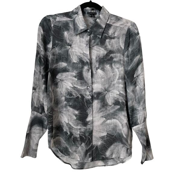 Theory Top Womens Small White Black 100% Silk Floral Quiet Luxury Artsy Preppy - Picture 1 of 11